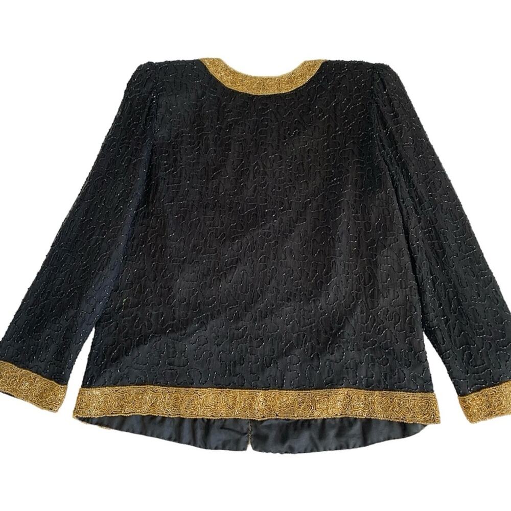 Laurence Kazar Vintage Black Gold Beaded Cocktail Silk Jacket Size Petite Small - Picture 5 of 7